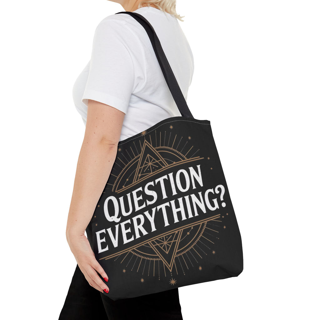 Question Everything? Tote Bag — Mystical Geometric AOP Tote for Skeptics & Truth-Seekers