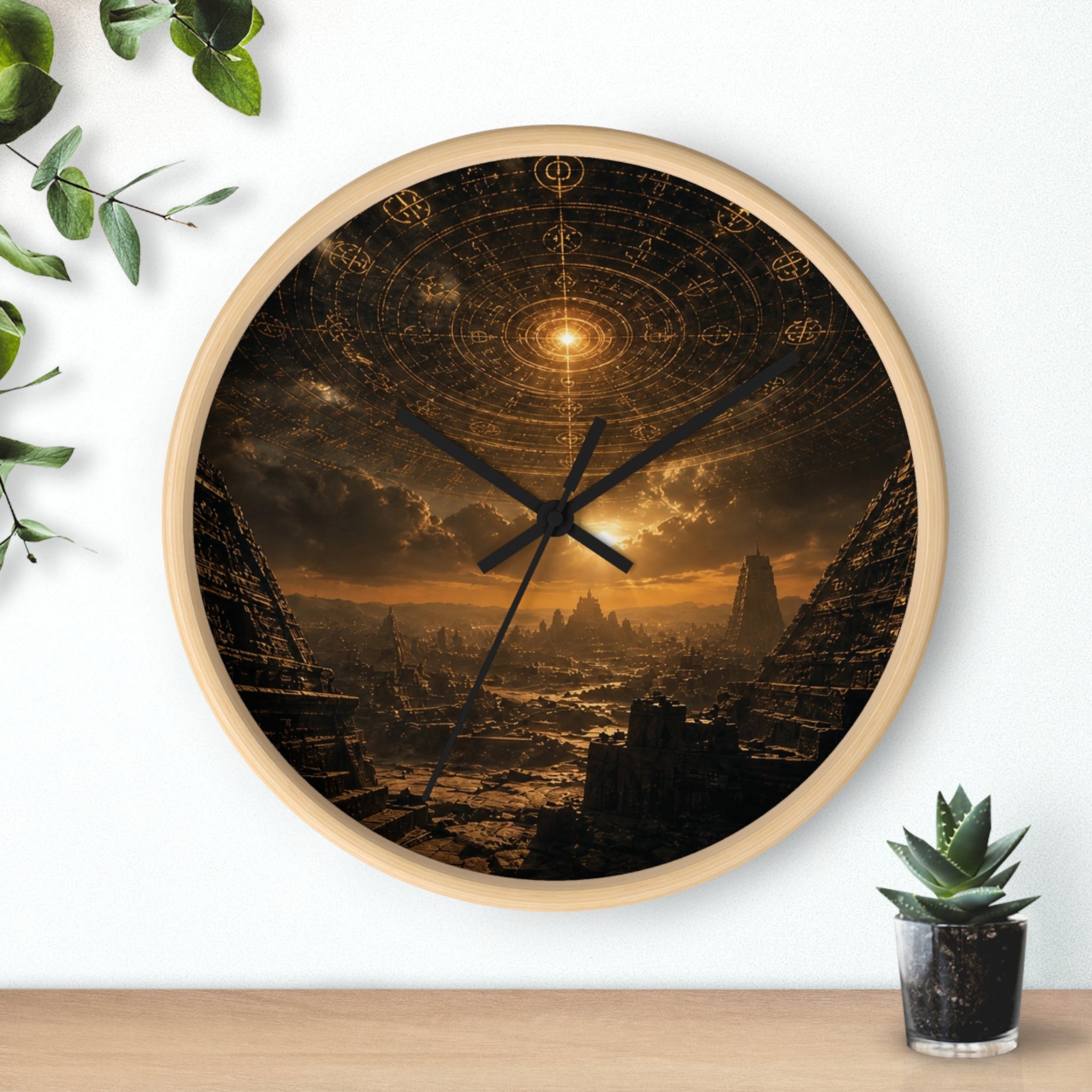 Mystic Ruins Wall Clock — Golden Celestial Landscape Timepiece