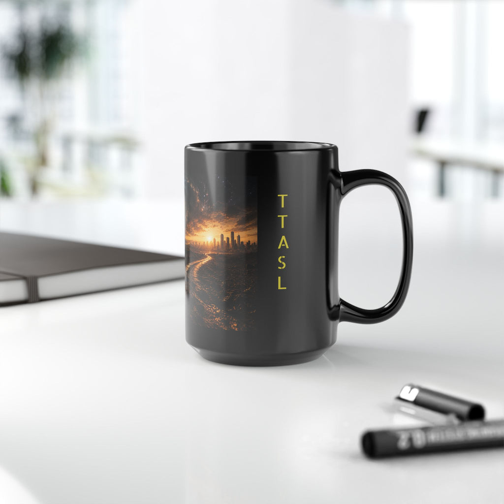 Cosmic Crossroads Black Mug — Surreal Galaxy Landscape 15oz