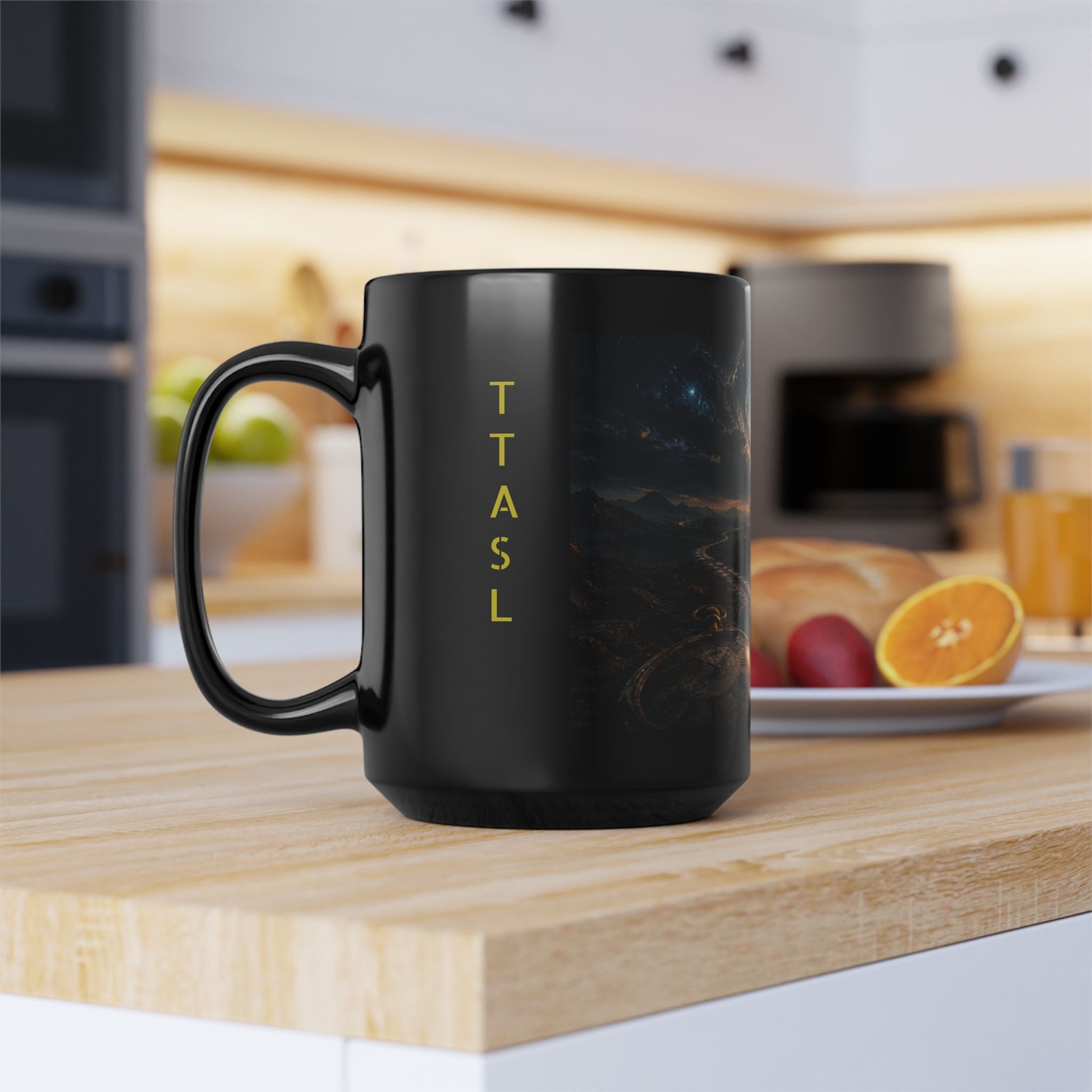 Cosmic Crossroads Black Mug — Surreal Galaxy Landscape 15oz