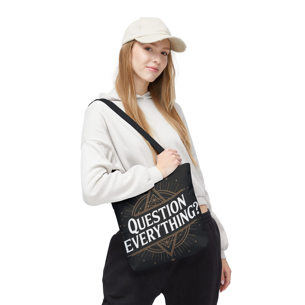 Question Everything? Tote Bag — Mystical Geometric AOP Tote for Skeptics & Truth-Seekers