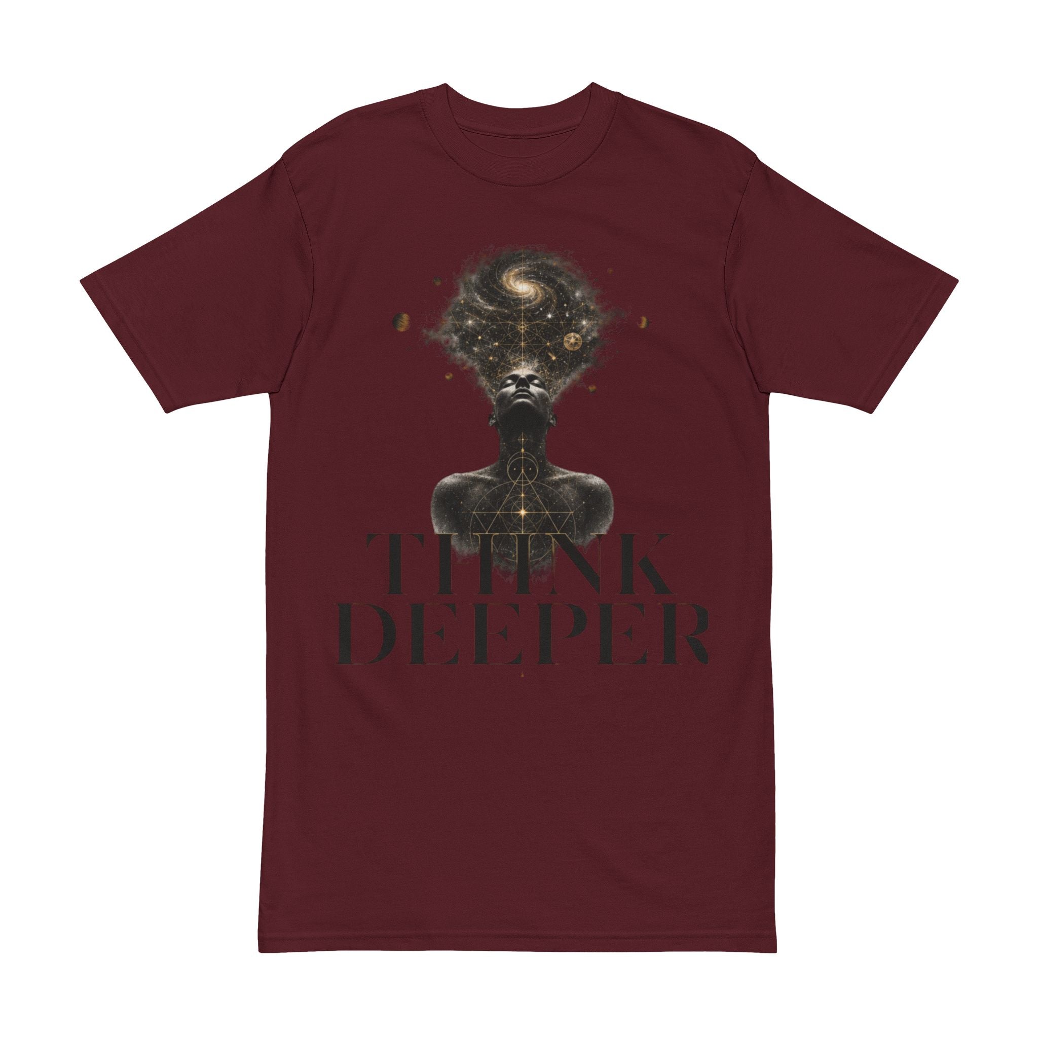 Think Deeper T-Shirt — Cosmic Head Graphic Tee for Deep Thinkers