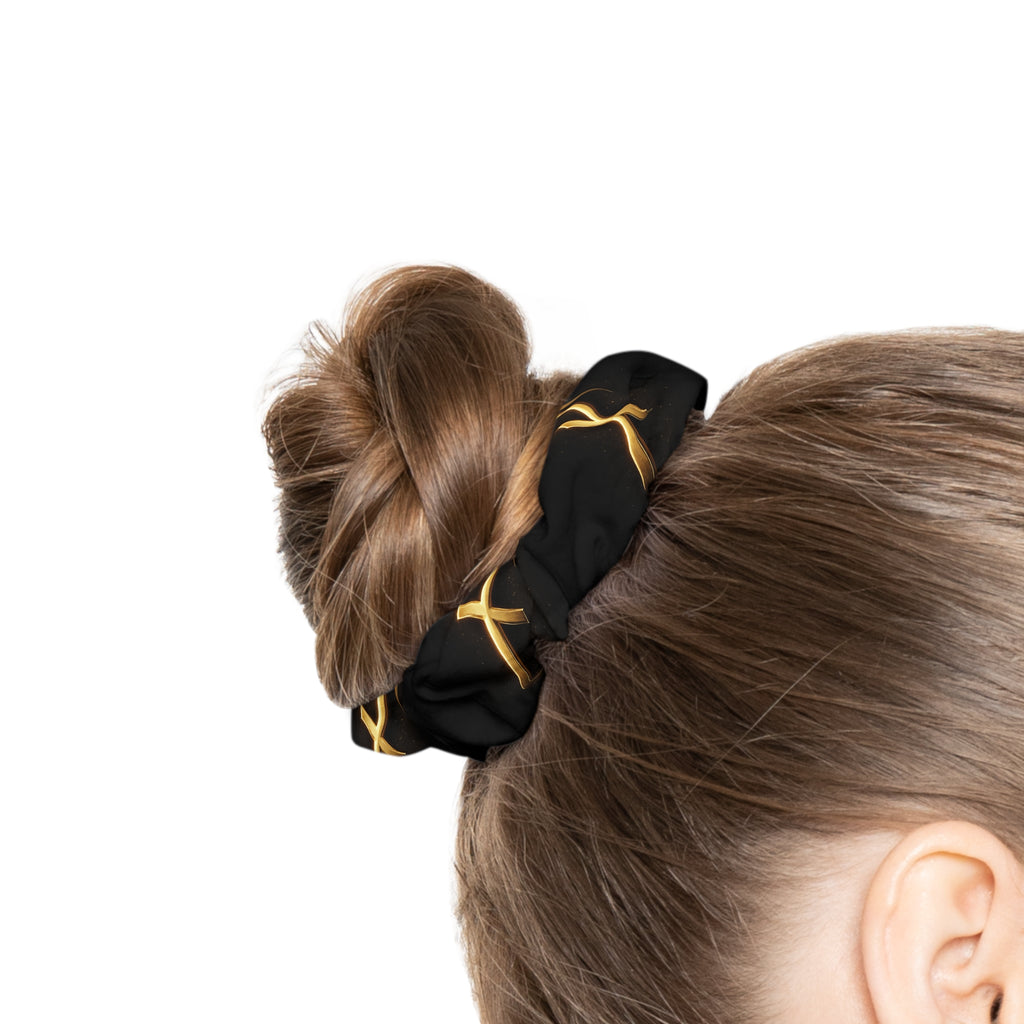 Black & Gold Flame Scrunchie – Stylish Metallic Accent Hair Accessory