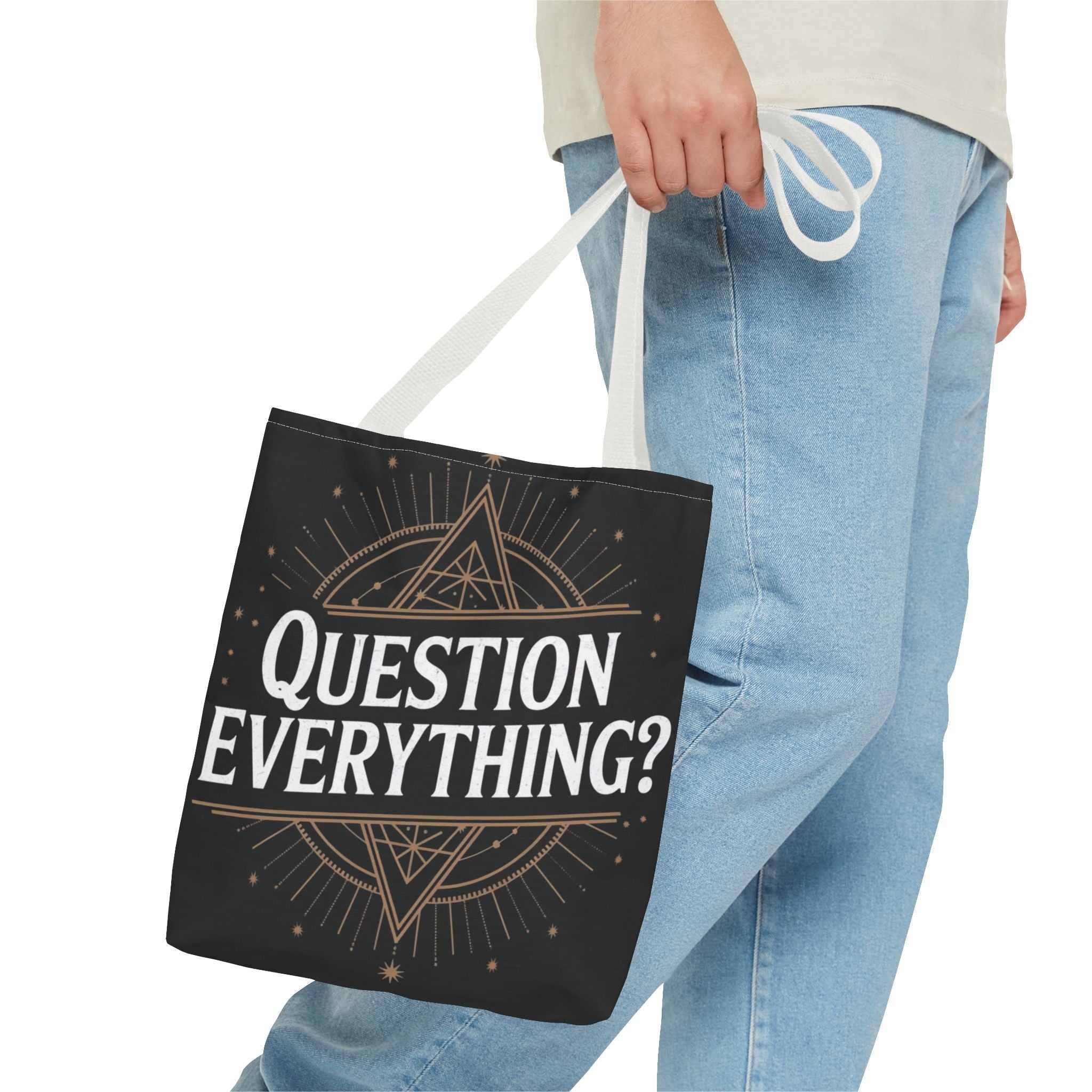 Question Everything? Tote Bag — Mystical Geometric AOP Tote for Skeptics & Truth-Seekers