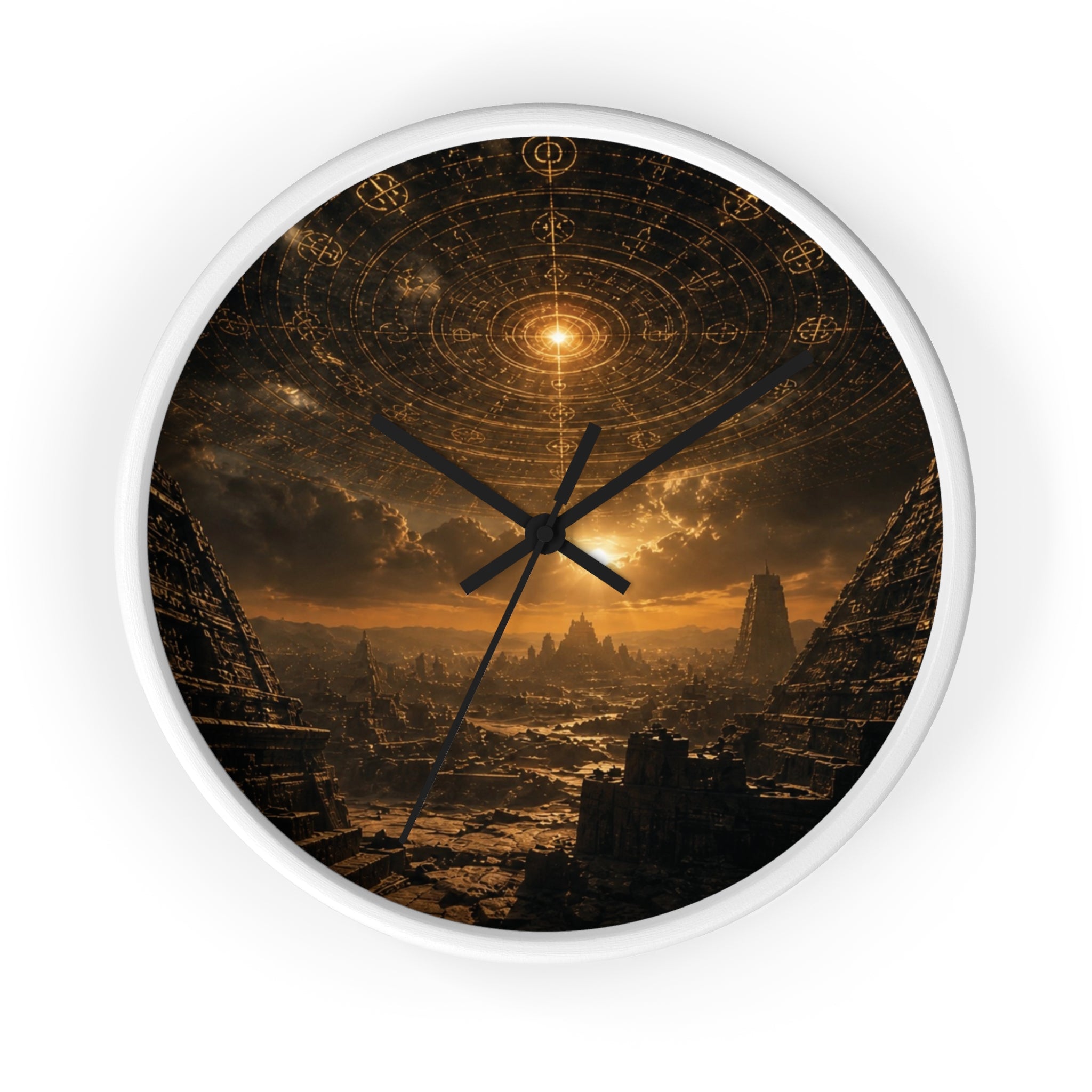 Mystic Ruins Wall Clock — Golden Celestial Landscape Timepiece