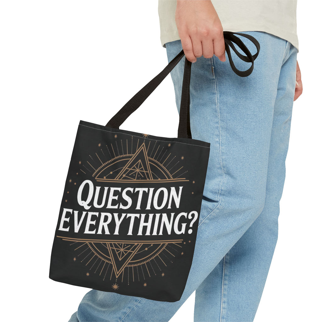 Question Everything? Tote Bag — Mystical Geometric AOP Tote for Skeptics & Truth-Seekers