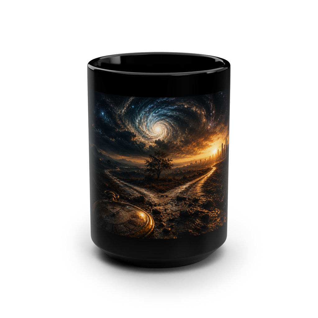 Cosmic Crossroads Black Mug — Surreal Galaxy Landscape 15oz