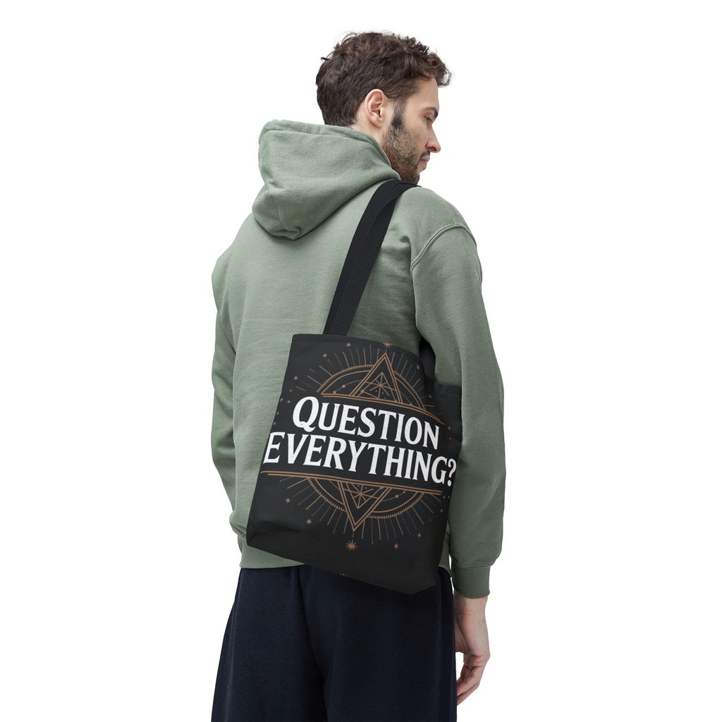 Question Everything? Tote Bag — Mystical Geometric AOP Tote for Skeptics & Truth-Seekers
