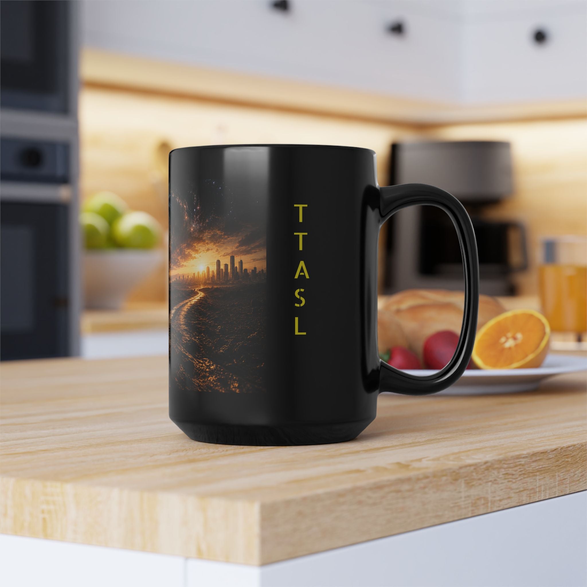 Cosmic Crossroads Black Mug — Surreal Galaxy Landscape 15oz