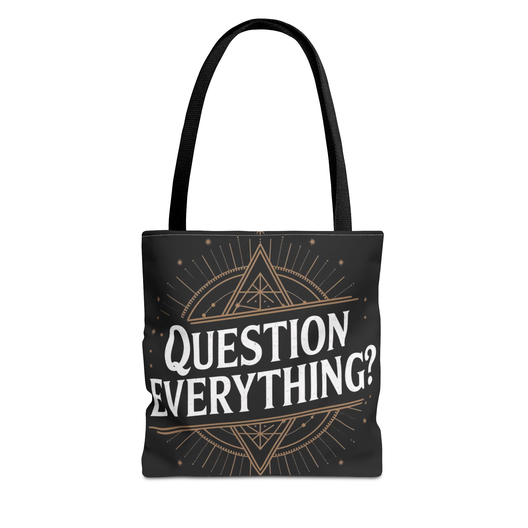 Question Everything? Tote Bag — Mystical Geometric AOP Tote for Skeptics & Truth-Seekers