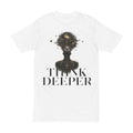 Think Deeper T-Shirt — Cosmic Head Graphic Tee for Deep Thinkers
