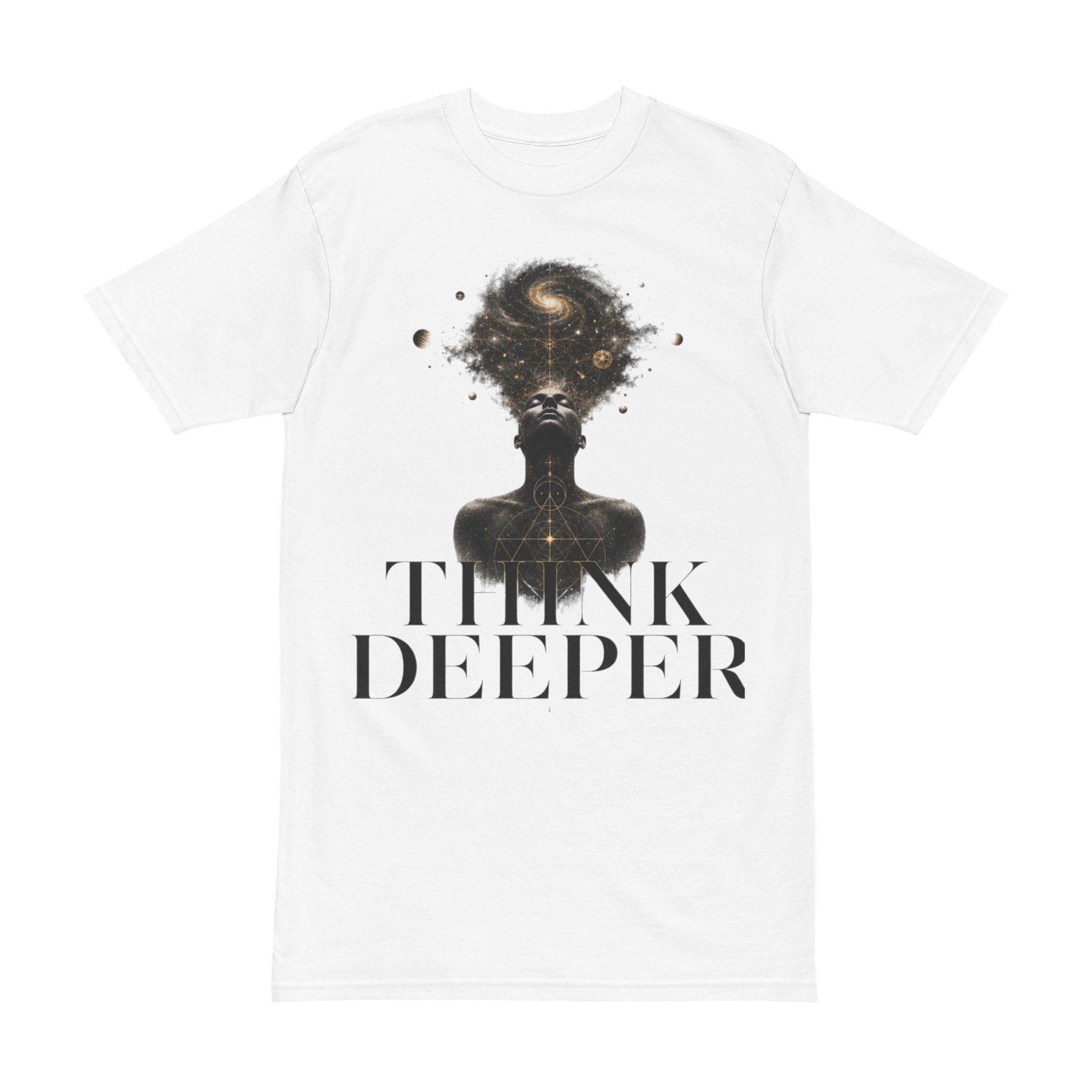 Think Deeper T-Shirt — Cosmic Head Graphic Tee for Deep Thinkers
