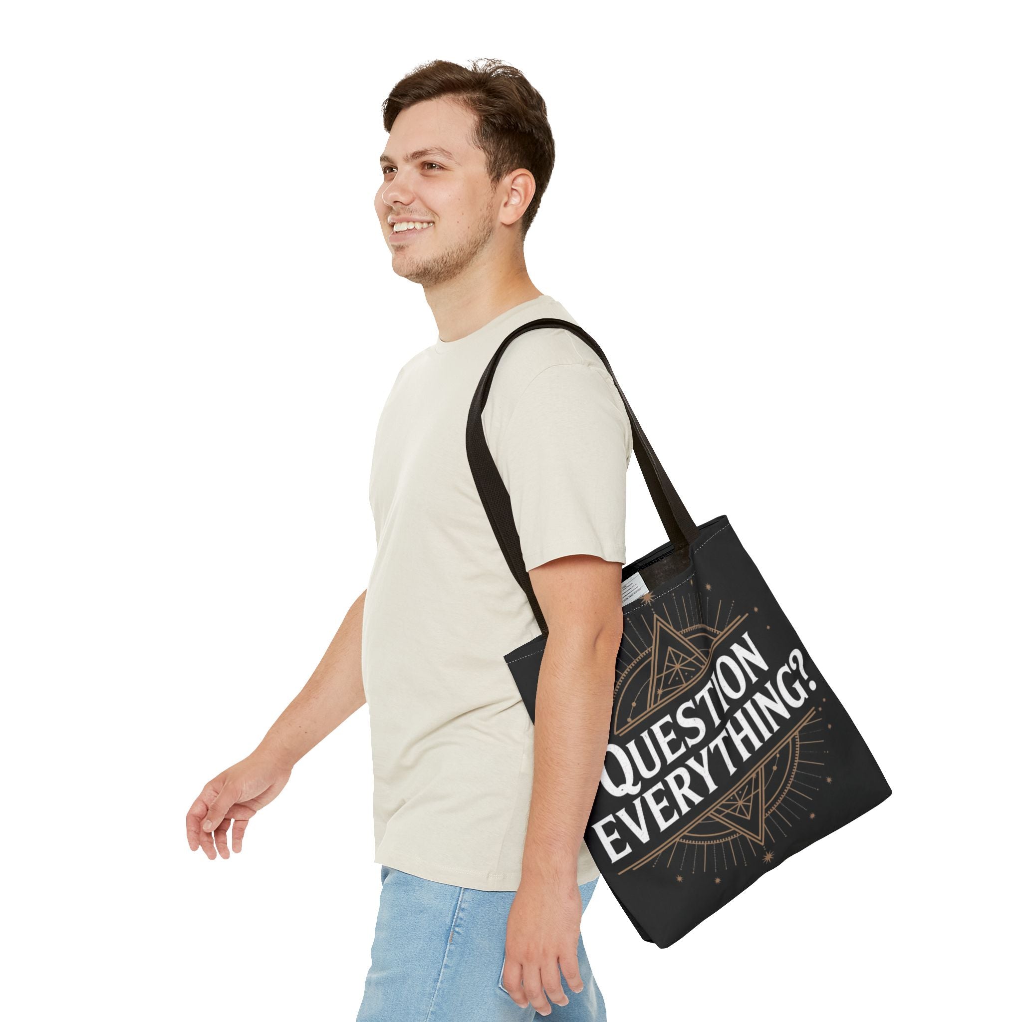 Question Everything? Tote Bag — Mystical Geometric AOP Tote for Skeptics & Truth-Seekers